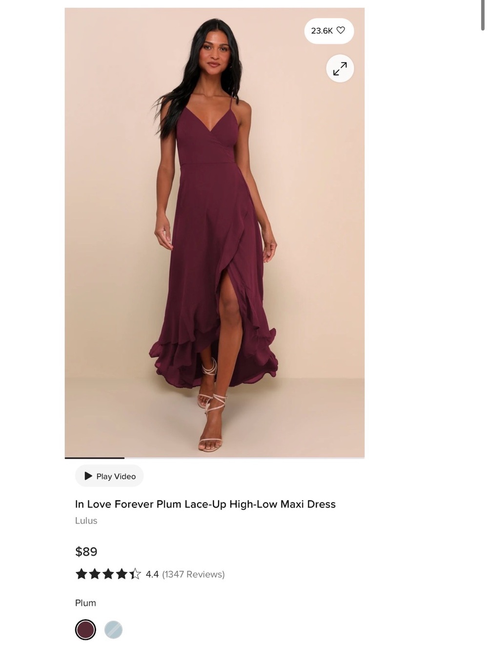 NWOT Lulu’s In Love Forever Plum Lace-Up High-Low Maxi Dress